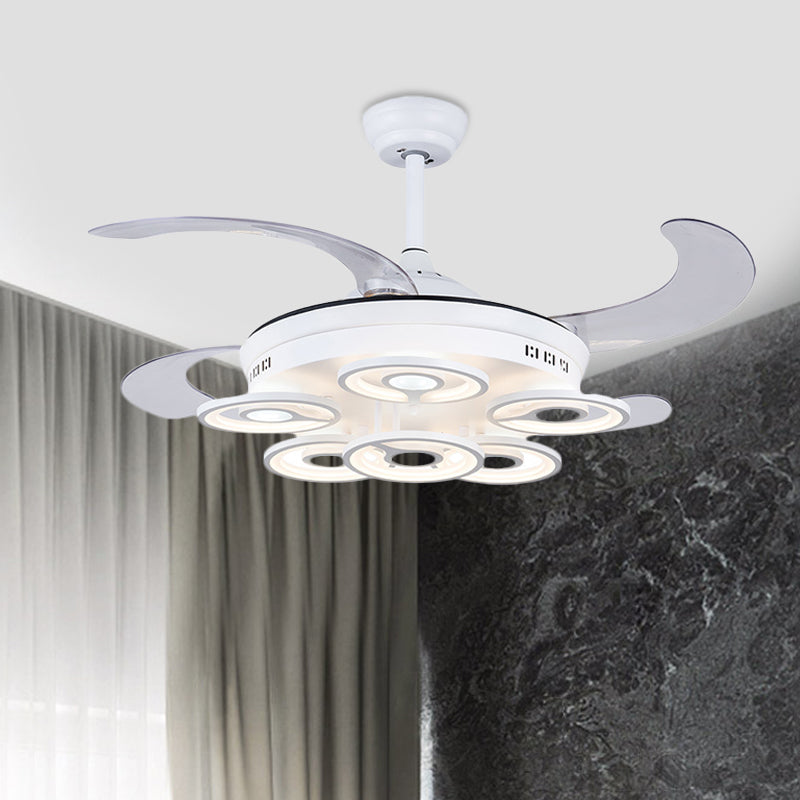 Cirkel acryl hanger ventilator lamp Noordse led slaapkamer semi -flush mount verlichting in wit met 4 heldere messen, 42 "breedte