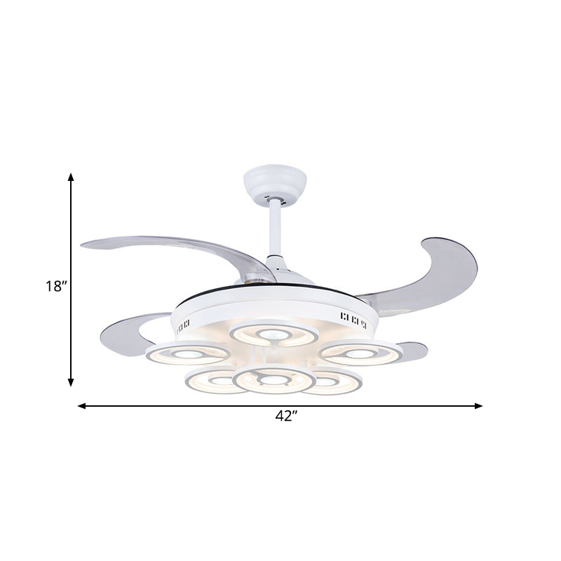 Cirkel acryl hanger ventilator lamp Noordse led slaapkamer semi -flush mount verlichting in wit met 4 heldere messen, 42 "breedte