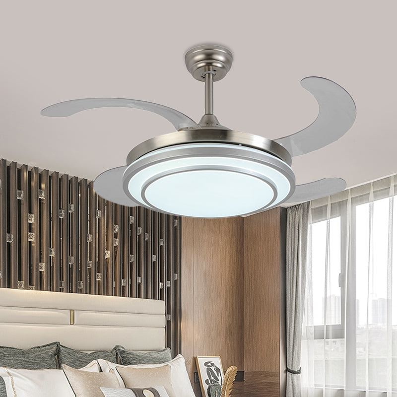 36 "W Nickle Circle hangerse ventilatorverlichting Moderne metalen LED Slaapkamer Semi Flush Mount Light met 4 messen, afstandsbediening/frequentieconversie en afstandsbediening