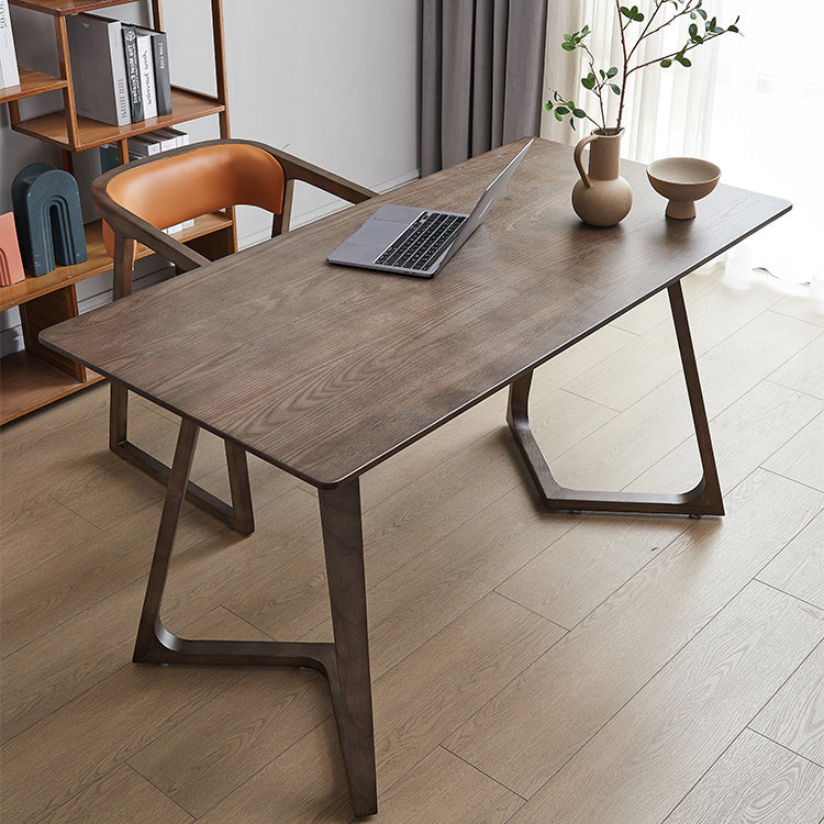 Mesa de comedor industrial con pedestal doble rectangular, mesa fija de color madera con madera maciza