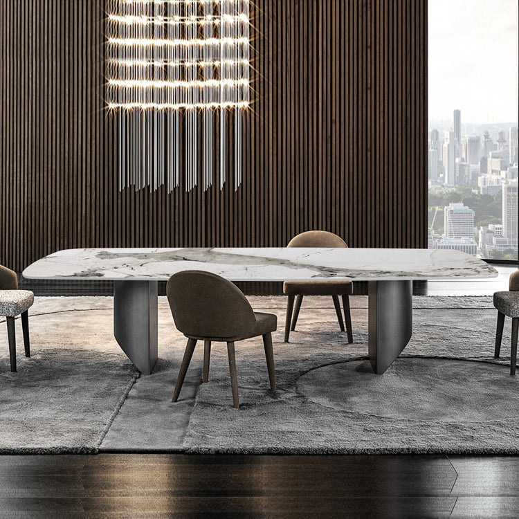 Rectangle Double Pedestal Glam Dining Table Brown Tone Fixed Table with Sintered Stone