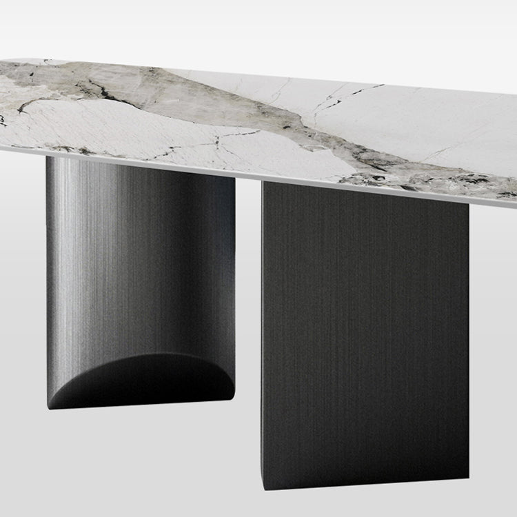 Rectangle Double Pedestal Glam Dining Table Brown Tone Fixed Table with Sintered Stone