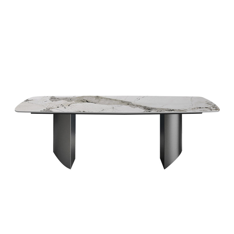 Rectangle Double Pedestal Glam Dining Table Brown Tone Fixed Table with Sintered Stone