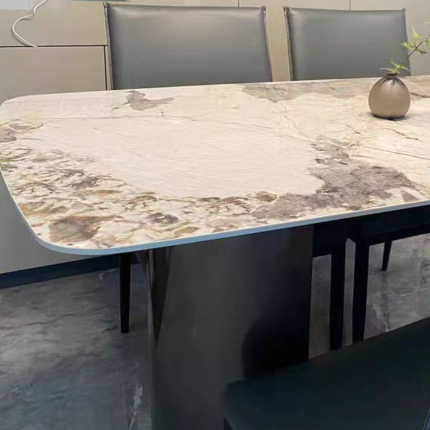 Rectangle Double Pedestal Glam Dining Table Brown Tone Fixed Table with Sintered Stone
