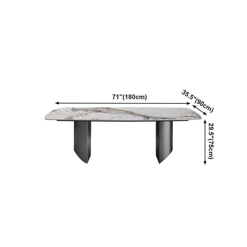 Rectangle Double Pedestal Glam Dining Table Brown Tone Fixed Table with Sintered Stone