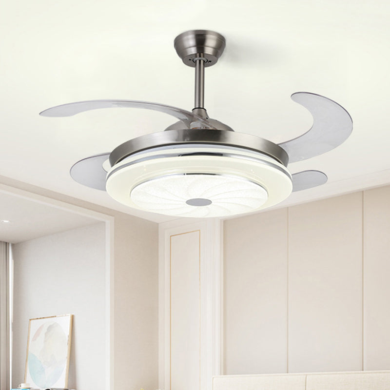 36 "W Hedendaagse cirkelvormige ventilatorlamp LED METAL SEMI MOST VERLICHTING In zilver met 4 bladen voor slaapkamer, afstandsbediening/muurregeling/afstandsbediening en muurregeling