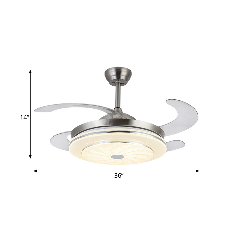 36 "W Hedendaagse cirkelvormige ventilatorlamp LED METAL SEMI MOST VERLICHTING In zilver met 4 bladen voor slaapkamer, afstandsbediening/muurregeling/afstandsbediening en muurregeling