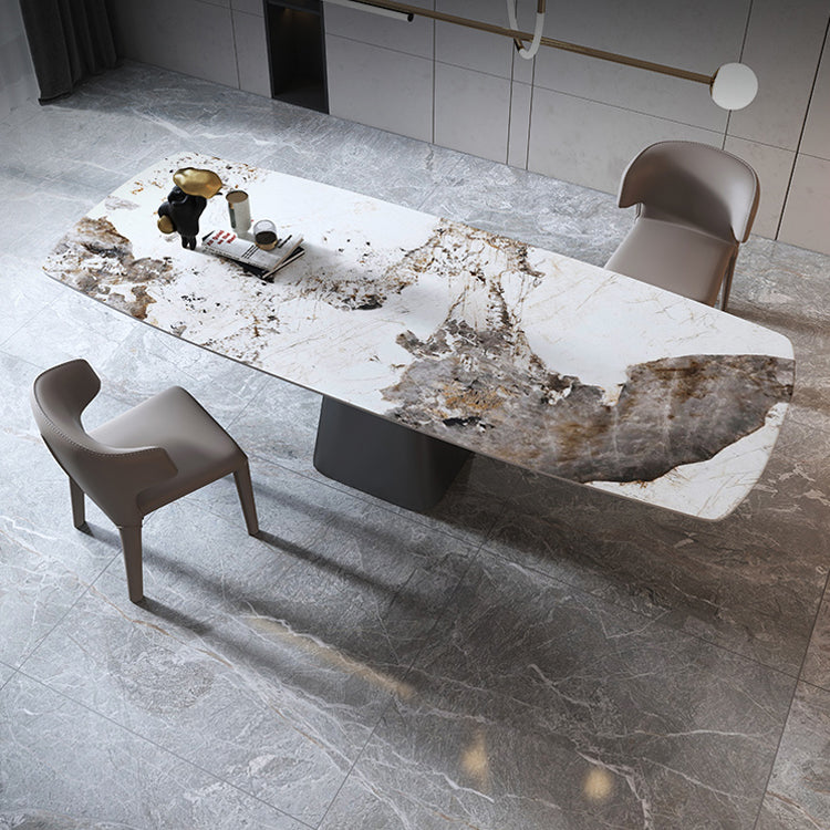 Mesa de comedor rectangular de lujo tradicional de metal, mesa superior de piedra sinterizada con base de pedestal