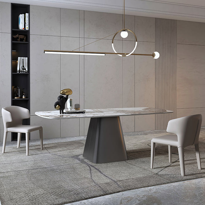 Mesa de comedor rectangular de lujo tradicional de metal, mesa superior de piedra sinterizada con base de pedestal