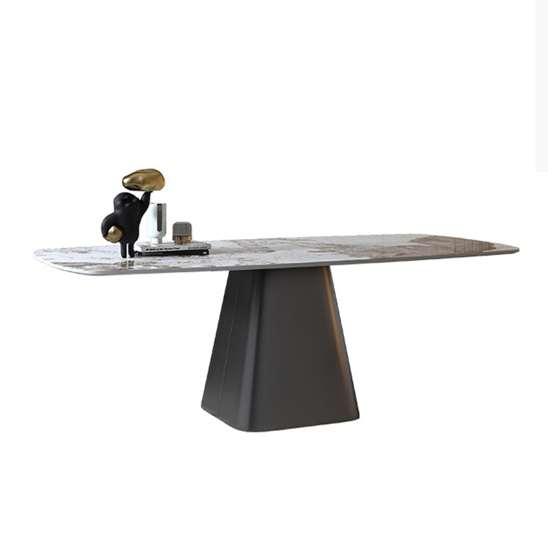 Mesa de comedor rectangular de lujo tradicional de metal, mesa superior de piedra sinterizada con base de pedestal