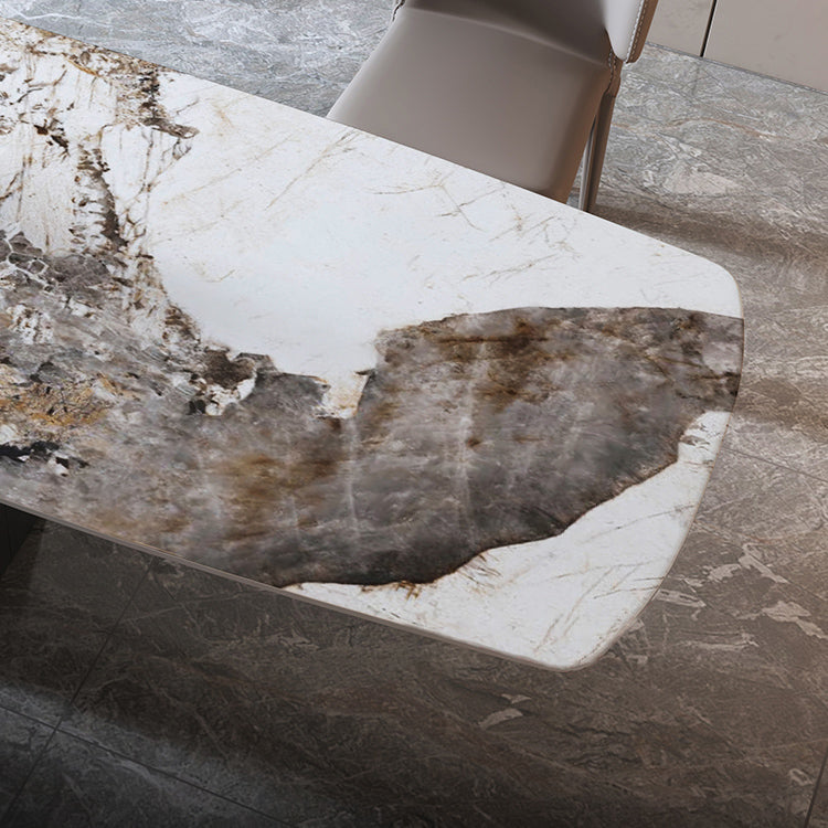 Mesa de comedor rectangular de lujo tradicional de metal, mesa superior de piedra sinterizada con base de pedestal