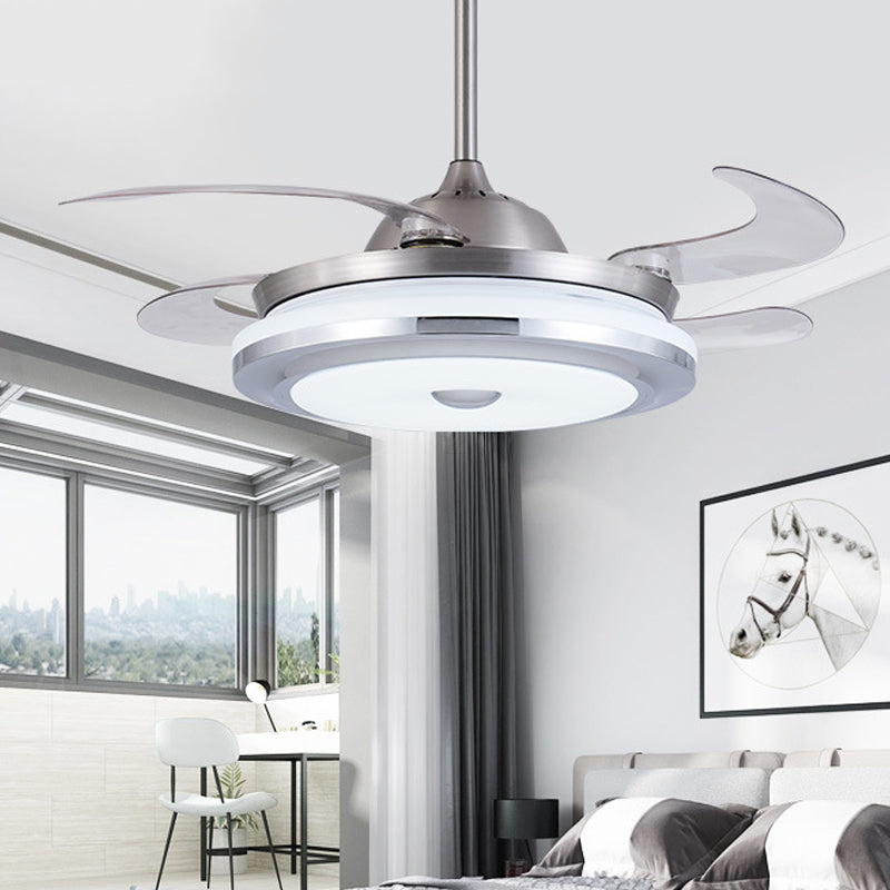 Cirkel acryl plafondventilator licht modernistisch 36 "W led woonkamer semi -flush mount in zilver met 4 messen, afgelegen/muurregeling/afstandsbediening en muurregeling