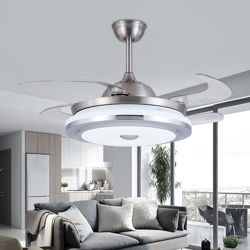 Cirkel acryl plafondventilator licht modernistisch 36 "W led woonkamer semi -flush mount in zilver met 4 messen, afgelegen/muurregeling/afstandsbediening en muurregeling