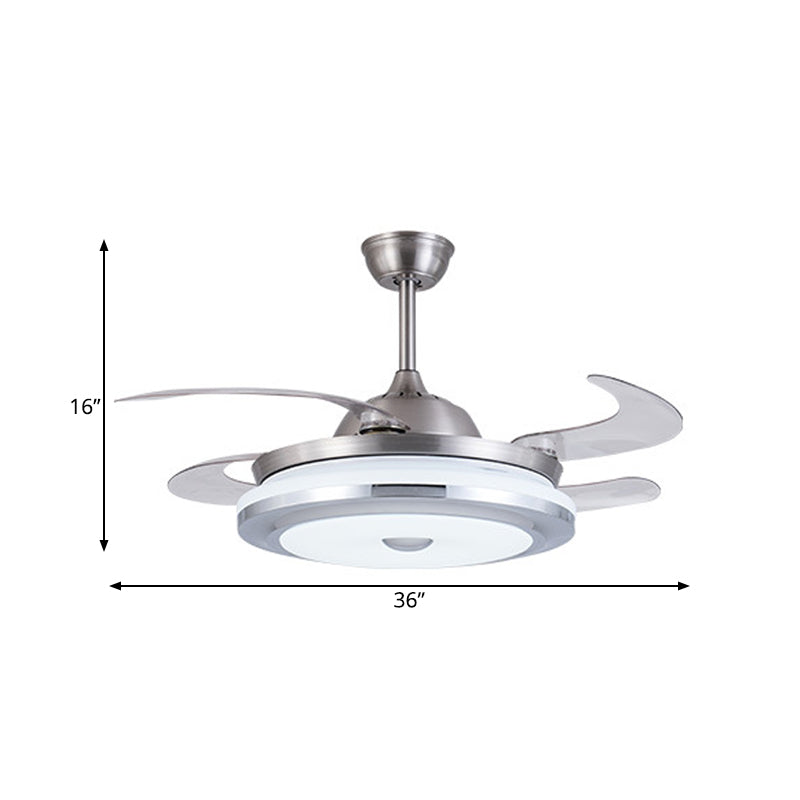 Cirkel acryl plafondventilator licht modernistisch 36 "W led woonkamer semi -flush mount in zilver met 4 messen, afgelegen/muurregeling/afstandsbediening en muurregeling