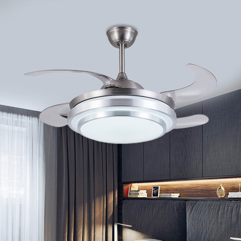 Zilveren ring plafondventilator lamp hedendaagse metalen led 36 "w slaapkamer semi spoeling montage verlichtingsarmatuur met 4 messen, externe/wandregeling/afstandsbediening en wandregeling