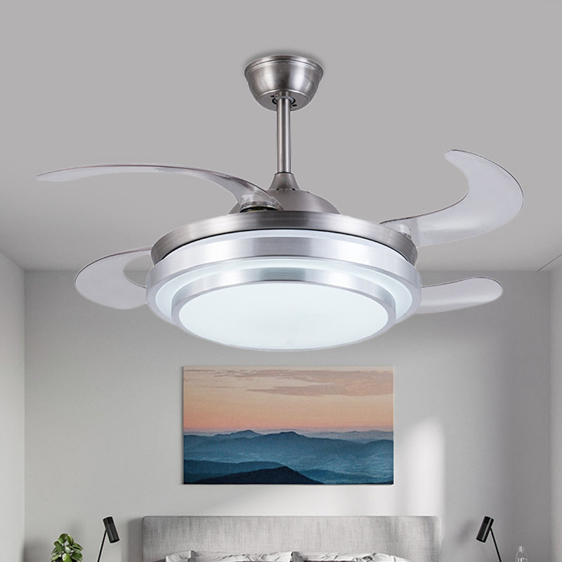 Zilveren ring plafondventilator lamp hedendaagse metalen led 36 "w slaapkamer semi spoeling montage verlichtingsarmatuur met 4 messen, externe/wandregeling/afstandsbediening en wandregeling