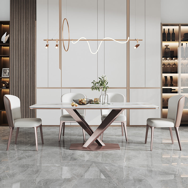 Mesa de comedor blanca de rectángulo glamoroso mesa de comedor de cocina de piedra sinterizada con base de pedestal