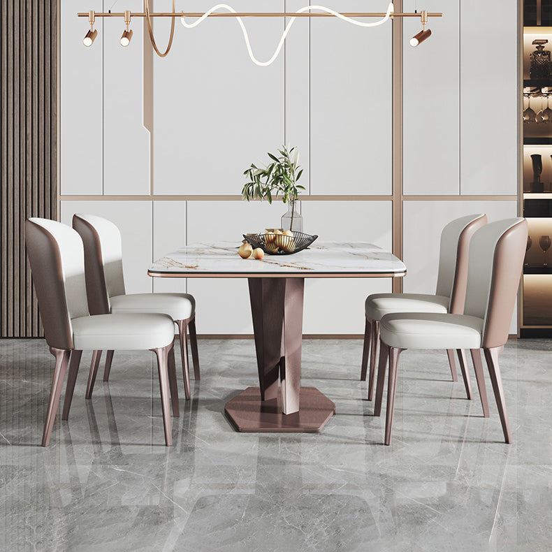 Mesa de comedor blanca de rectángulo glamoroso mesa de comedor de cocina de piedra sinterizada con base de pedestal