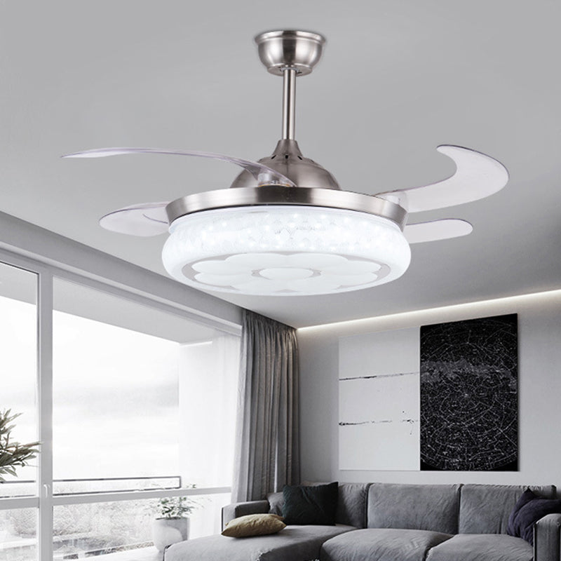 42 "W modernistische cirkel hangende ventilator licht led metaal semi -spoelbevestiging plafond armatuur in zilver met 4 messen, afstandsbediening/afstandsbediening en wandregeling/frequentieconversie en afstandsbediening