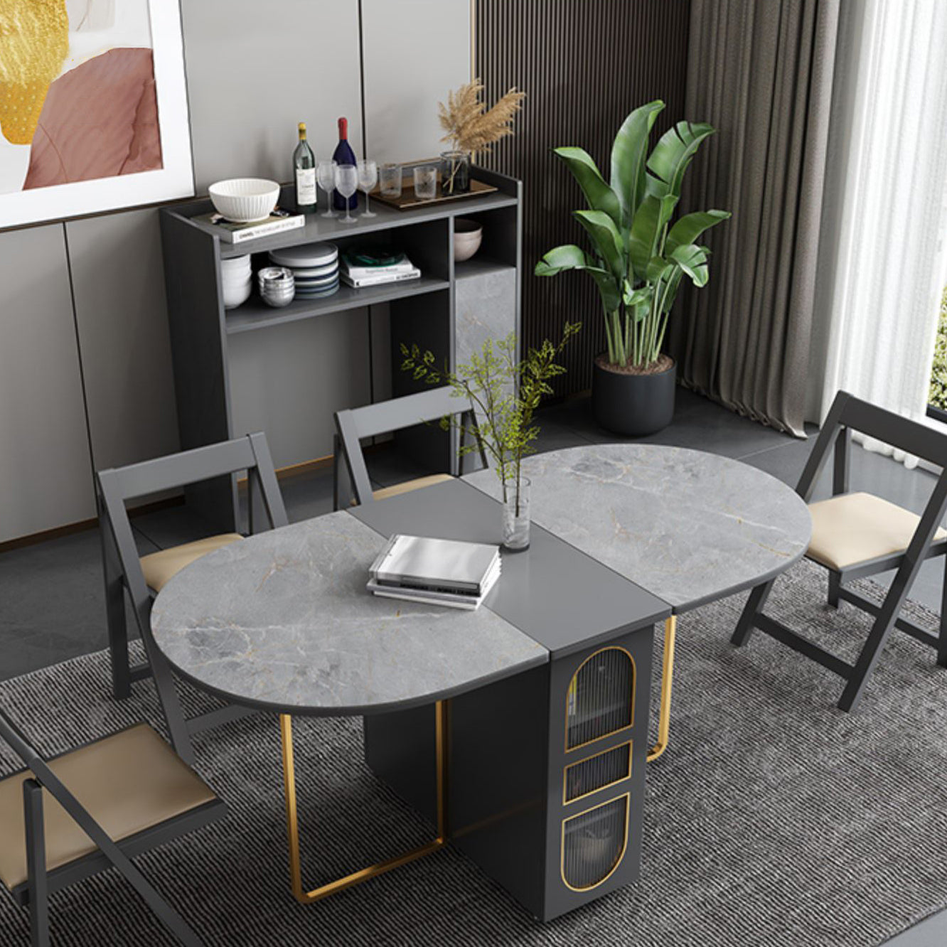 59''L Minimalist Folding Kitchen Dining Table Oval Dining Table with Pedestal Base