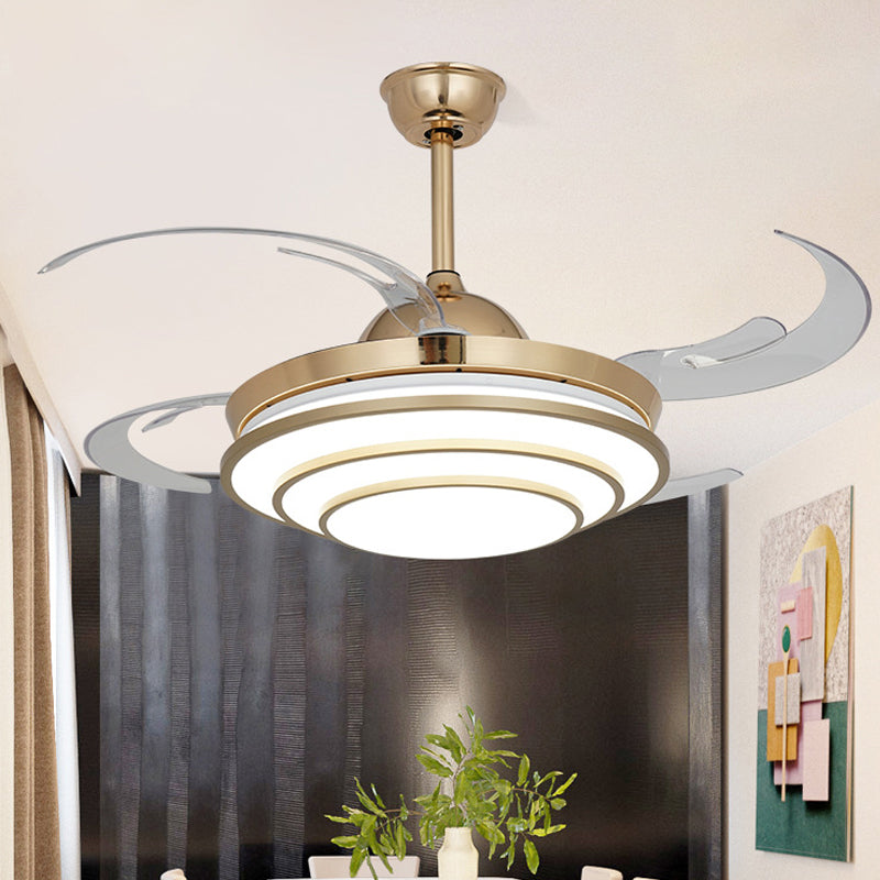 Luce alla ventola del cerchio minimalismo LED METALE 4 LAME CONDARE CHILDE SEMI FLUSH MONTO APPLICATORE IN GOLD per soggiorno, larghezza 42 "