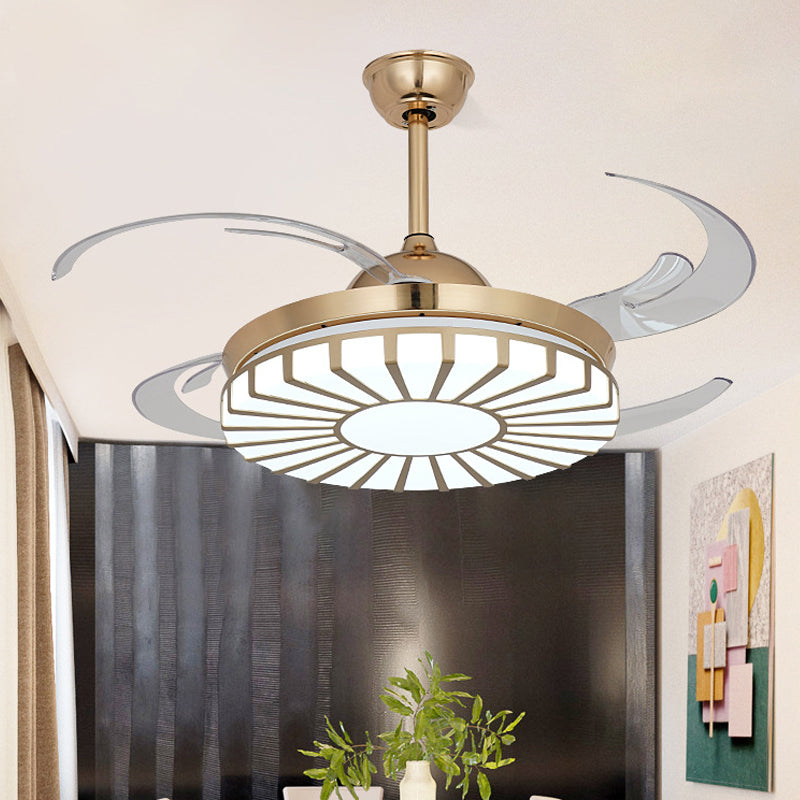 Gouden LED -plafondventilator Licht eenvoud Acryl Circulaire 4 Duidelijke messen Semi Flush Mount Lighting voor restaurant, 42 "breed