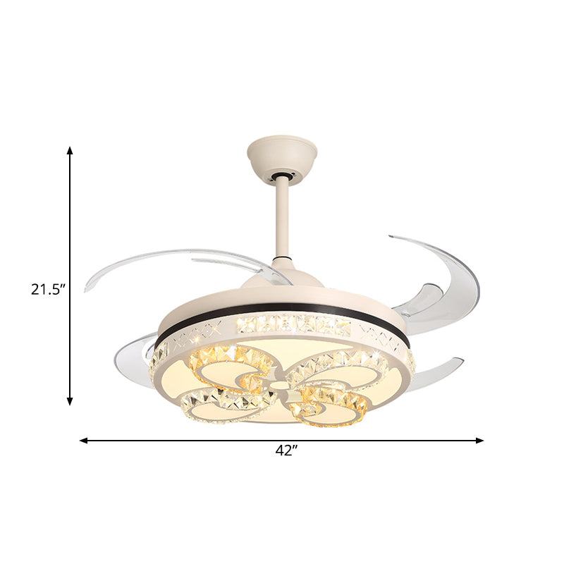 Modernisme ronde plafondventilatorverlichting 42 "Breedte LED Acryl Semi Flush Mount Light in Cream met kristalaccent, 4 heldere messen