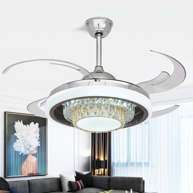 LED Metall Hanging Lüfter leichte moderne silberne runde Wohnzimmer Halbflush -Decke mit 4 klaren Klingen, 42 "W.
