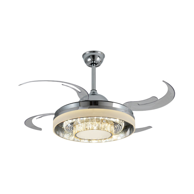 Ronde acrylhangende ventilatorlamp Modernist LED 42 "W woonkamer semi -montage verlichting in zilver met kristallen accent, 4 heldere messen