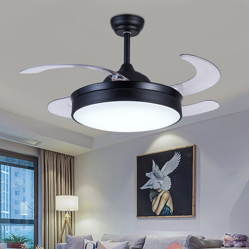 Acrylcirkel hanger ventilator licht eigentijdse led 42 "w slaapkamer 4 heldere messen semi -spoelmontage verlichting in zwart, op afstand/muurbediening/afstandsbediening en muurregeling