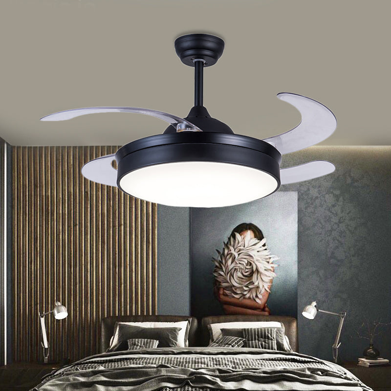 Acrylcirkel hanger ventilator licht eigentijdse led 42 "w slaapkamer 4 heldere messen semi -spoelmontage verlichting in zwart, op afstand/muurbediening/afstandsbediening en muurregeling