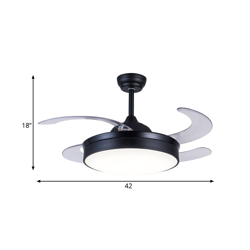 Acrylcirkel hanger ventilator licht eigentijdse led 42 "w slaapkamer 4 heldere messen semi -spoelmontage verlichting in zwart, op afstand/muurbediening/afstandsbediening en muurregeling