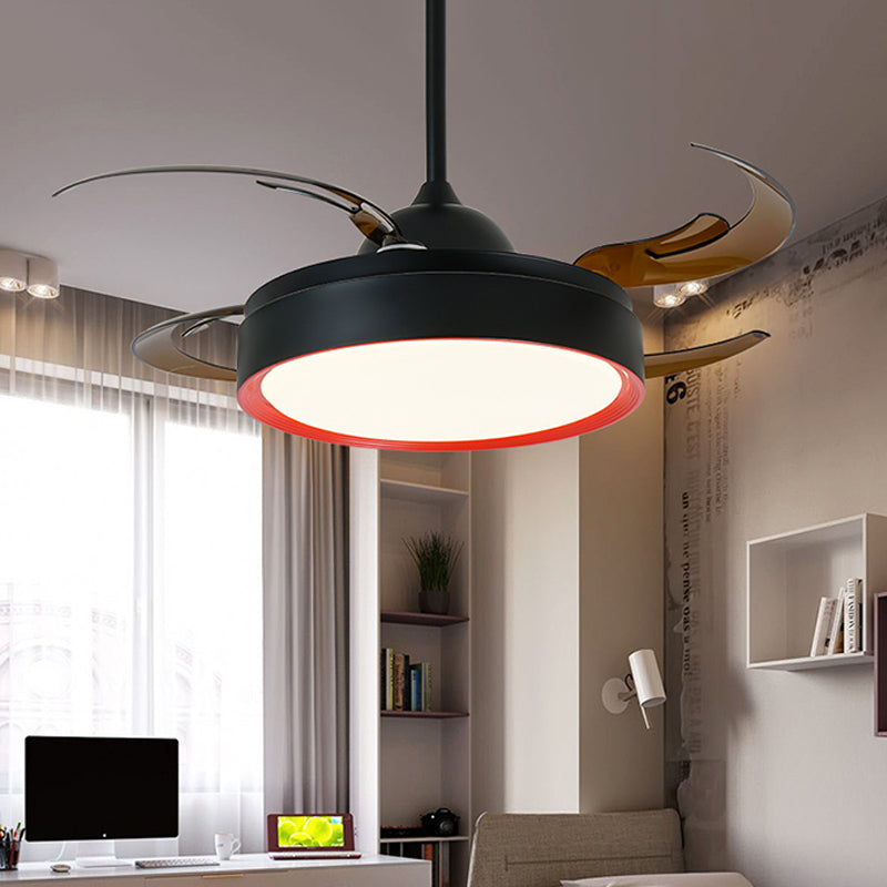 Eenvoud Ronde hanger ventilatorlamp 42 "W LED metalen semi -spoelplafondlicht in zwart voor slaapkamer, 4 bruine messen