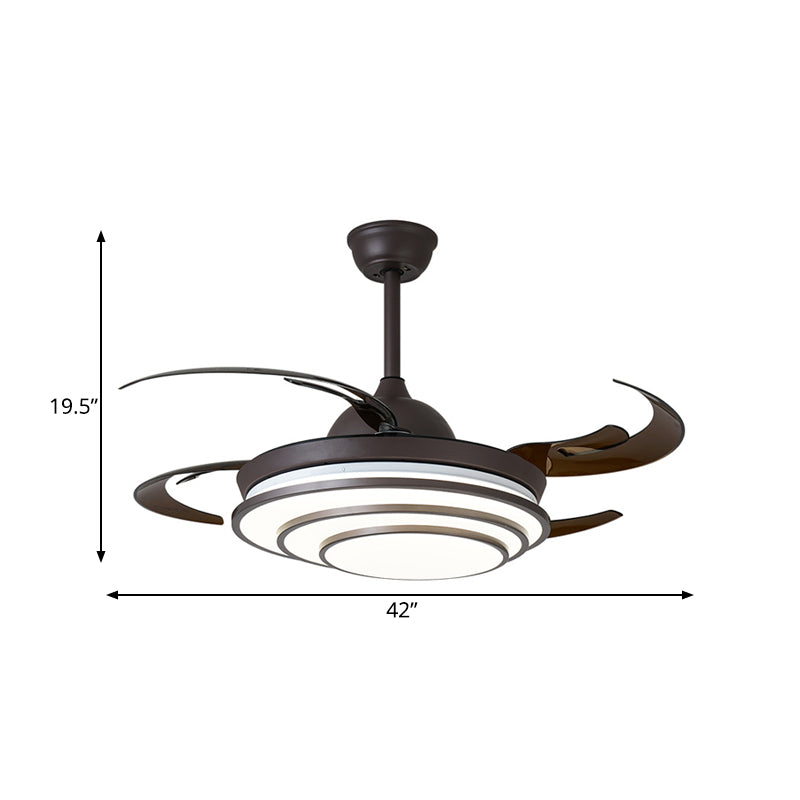 Cirkel acryl plafondventilator licht moderne led woonkamer semi -spoeling in donkere koffie met 4 bruine messen, 42 "breed
