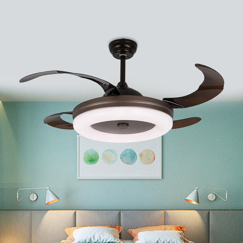 42 "W Simple Circle Pendant ventilator Licht Led metaal Semi -spoelmontage Verlichting in koffie met 4 messen, op afstand/muurregeling/afstandsbediening en muurregeling