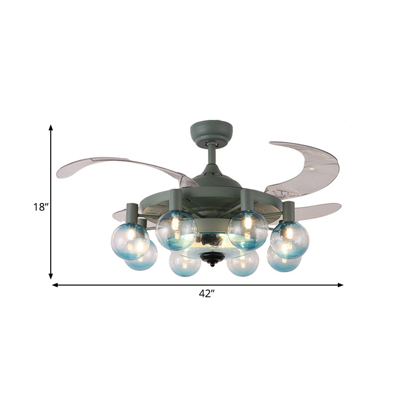 42 "W 8-licht ventilatorlamp eenvoud Slaapkamer 4 Blades Semi Flush Light armatuur met bol heldere glazen schaduw in donkergroen, afstandsbediening/afstandsbediening en wandregeling/frequentieconversie en afstandsbediening