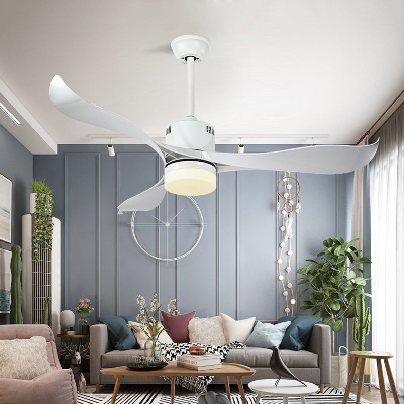 Wit cirkelvormige hangende ventilator licht eigentijdse metalen led woonkamer semi -spoelbevestiging plafondarmatuur met 3 messen, 52 "breed