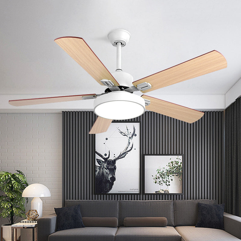 Cirkel slaapkamer plafondventilator verlichting modernisme metaal led grijs/witte semi -spoelmontage verlichtingsarmatuur met 5 houten messen, 52 "breedte