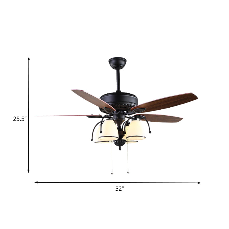 52 "W 4 LICTES Cup forme de ventilateur suspendu clair Verre de crème noire traditionnelle en verre haut / bas Semi Flush Fush avec 5 lames brunes, conversion générale / fréquence