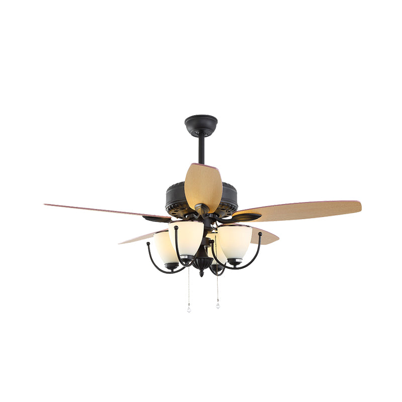 52" W 4 Lights Cup Shape Hanging Fan Light Traditional Black Cream Glass Up/Down Semi Flush Lamp with 5 Brown Blades, General/Frequency Conversion