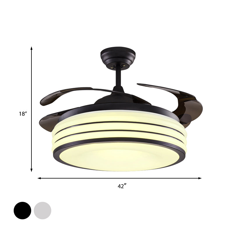 Schwarz/Silber -Drum Semi Flush Light Modernes Metallic Wohnzimmer 42 "W LED Deckenlüftungsleuchte mit Wand/Fernbedienung, 4 Klingen