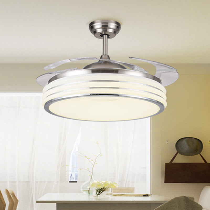 Schwarz/Silber -Drum Semi Flush Light Modernes Metallic Wohnzimmer 42 "W LED Deckenlüftungsleuchte mit Wand/Fernbedienung, 4 Klingen