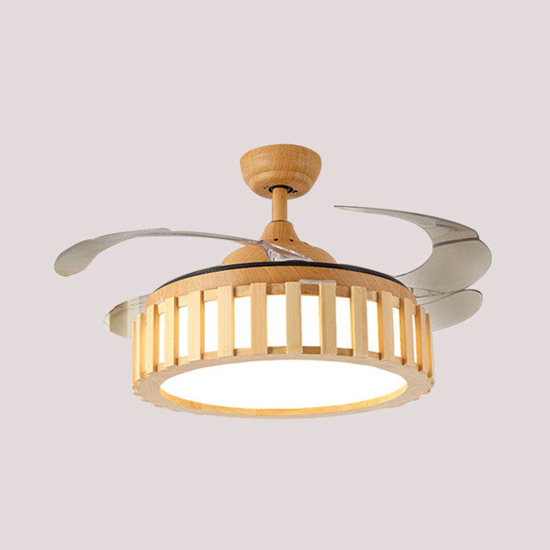 Beige 42 "W LED Semi Flush Deckenlampe Moderne Holztrommelrahmen 3 klare Klingen hängen Anhängerlüfter Licht mit Wand/Fernbedienung