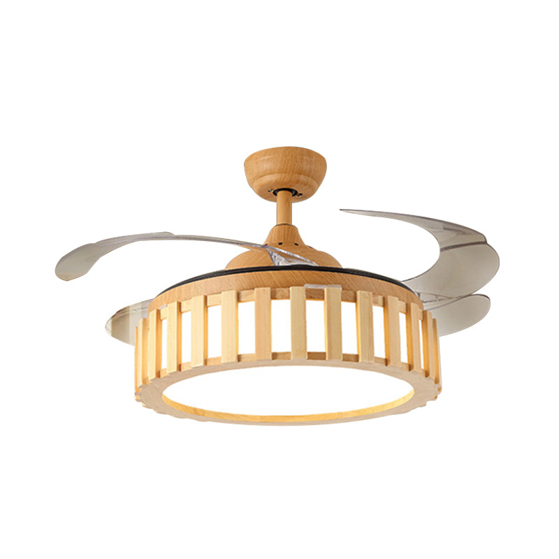 Beige 42 "W LED Semi Flush Deckenlampe Moderne Holztrommelrahmen 3 klare Klingen hängen Anhängerlüfter Licht mit Wand/Fernbedienung