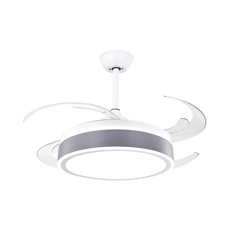 Metal Round Hanging Fan Light Simple Modern 4 Blades LED Semi Flush Mounted Lamp in Grey/Pink/Blue for Dining Room, 47" Wide
