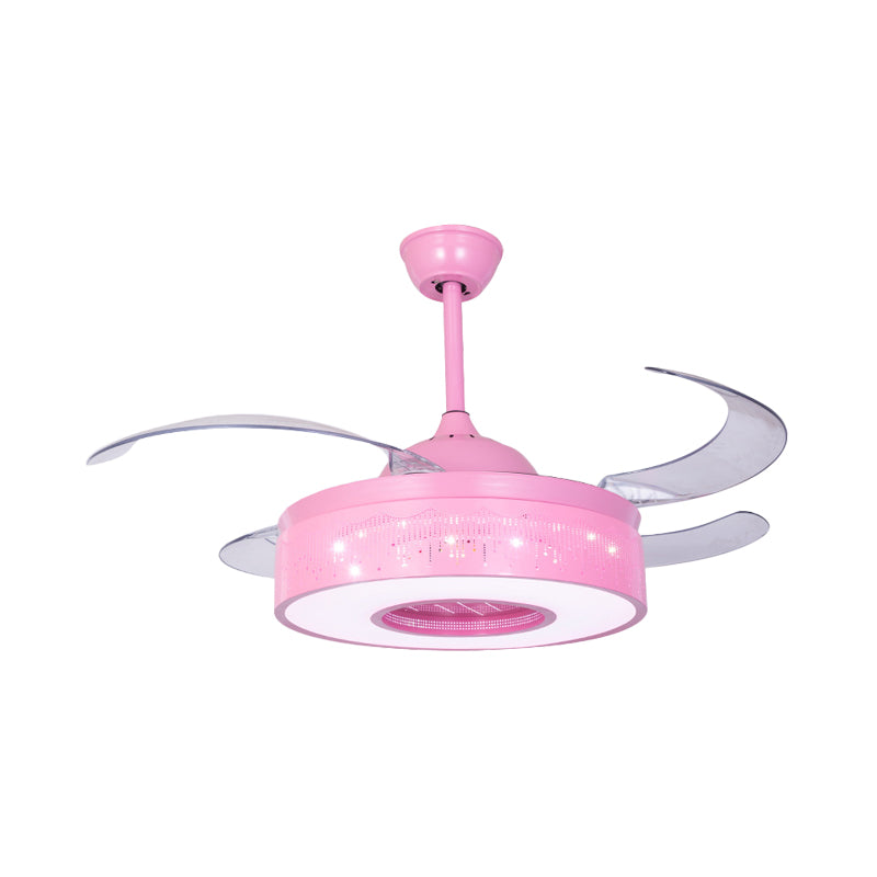 4 Blades Metallic Ring Semi Flush Lighting Modern 36" W LED Pendant Fan Lamp Fixture in Pink/Blue with Hollowed Out Design, Wall/Remote Control