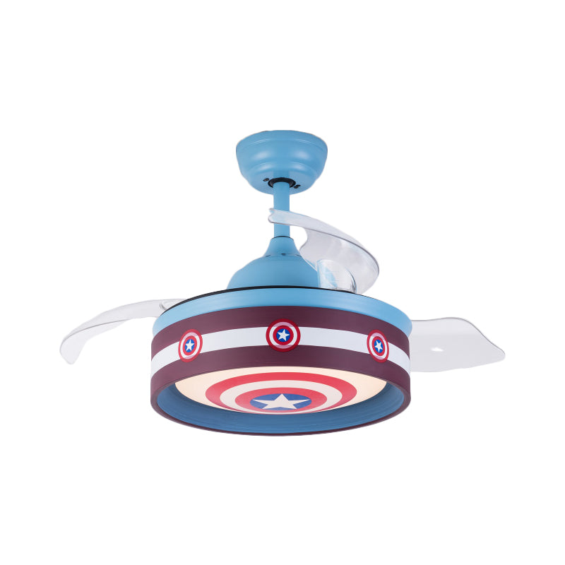 Pink/Blue Round 3 Blades Semi Flush Light Kids LED Metallic Hanging Ceiling Fan Lamp with Hero Shield Pattern, 36" Wide