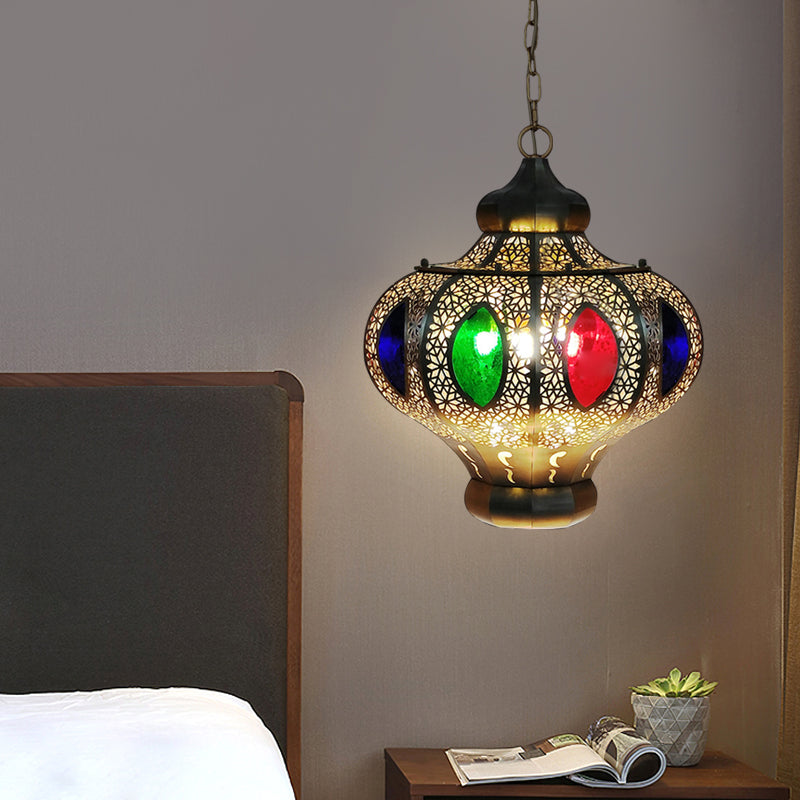 4 Heads Pendant Lighting Mediterranean Restaurant Ceiling Chandelier with Crown White/Red Glass Shade in Brass