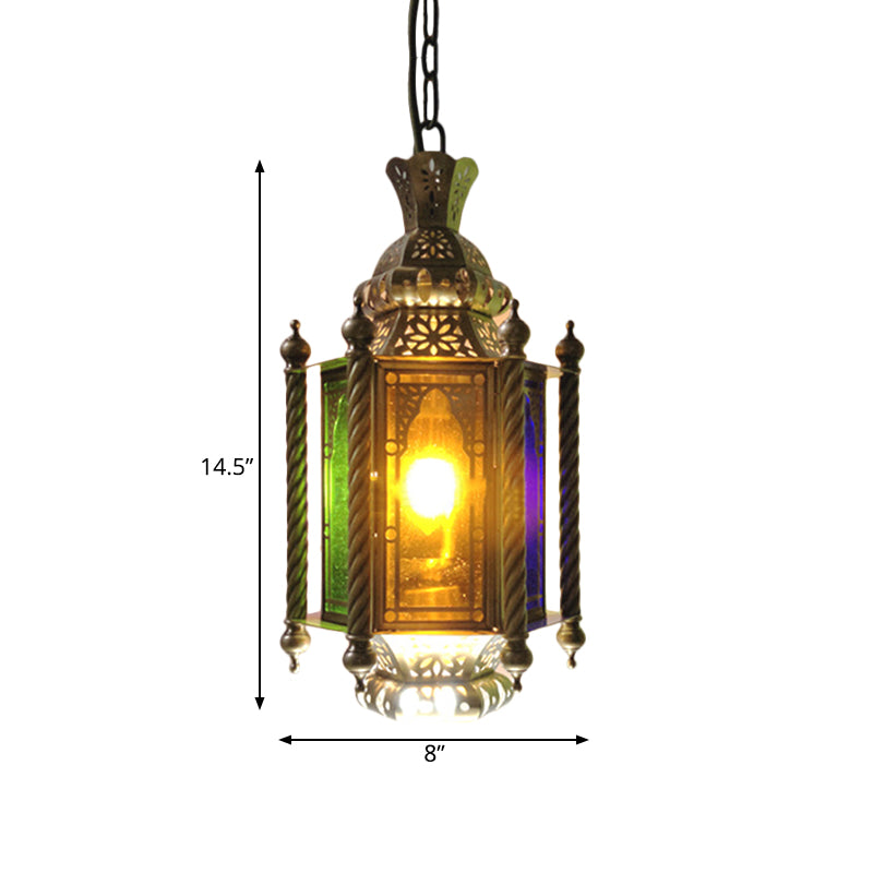 2 Heads Lantern Chandelier Lighting Arab Brass Finish Metallic Hanging Lamp Kit with Multi-Color Glass Shade