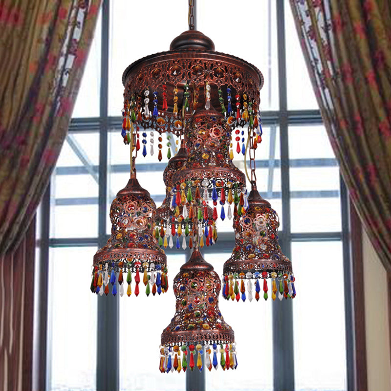 Metal Copper Ceiling Chandelier Curved 5 Bulbs Art Deco Down Lighting Pendant for Bedroom